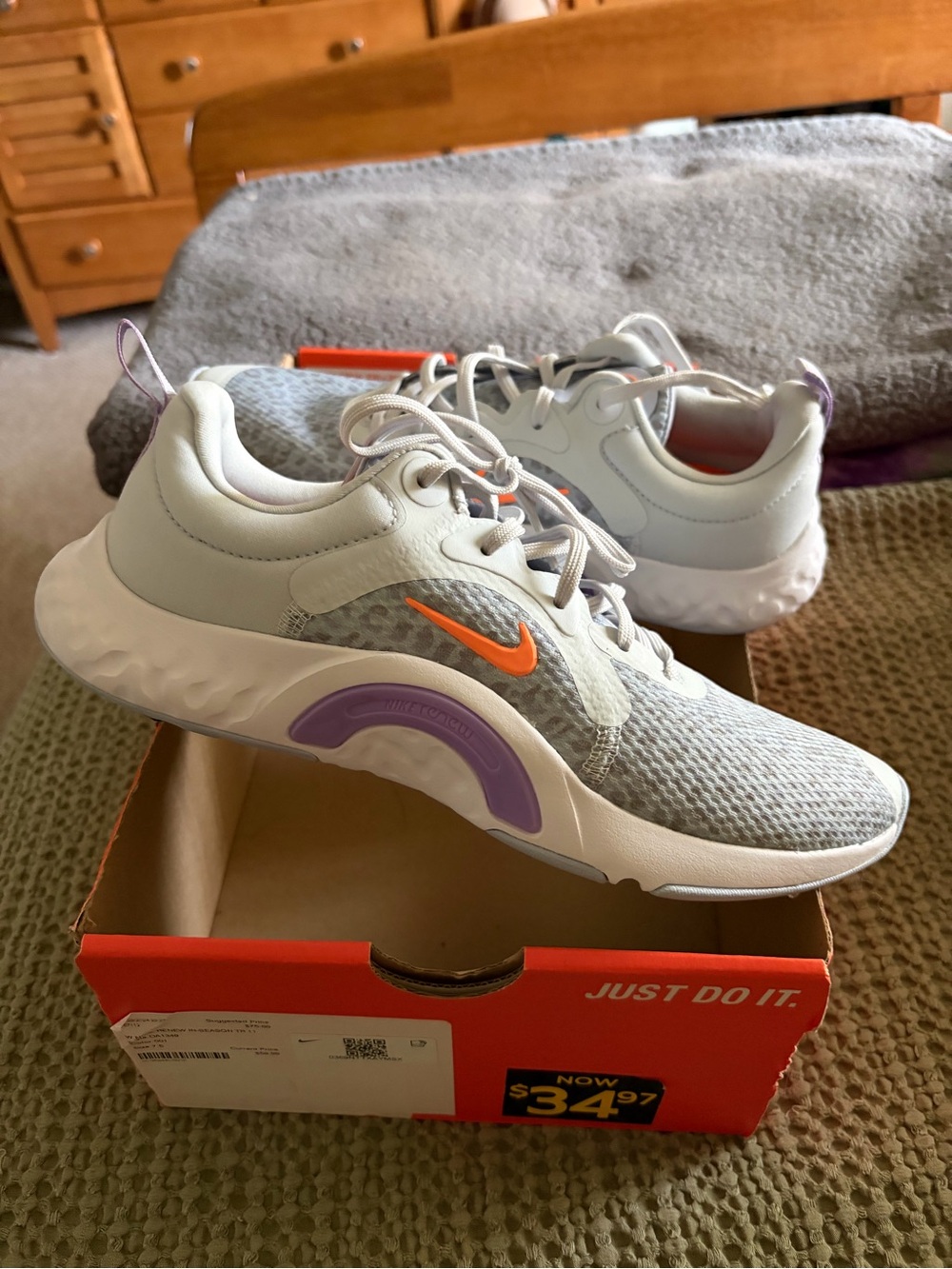 Nike White Sneakers with Orange Swoosh & Purple Trim